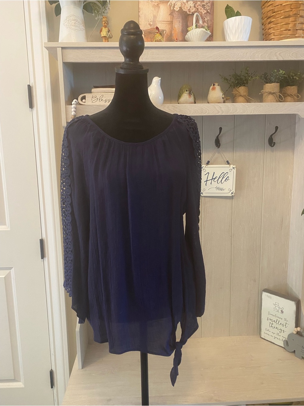 Women's Navy Crochet-Sleeve Blouse with Tie Hem